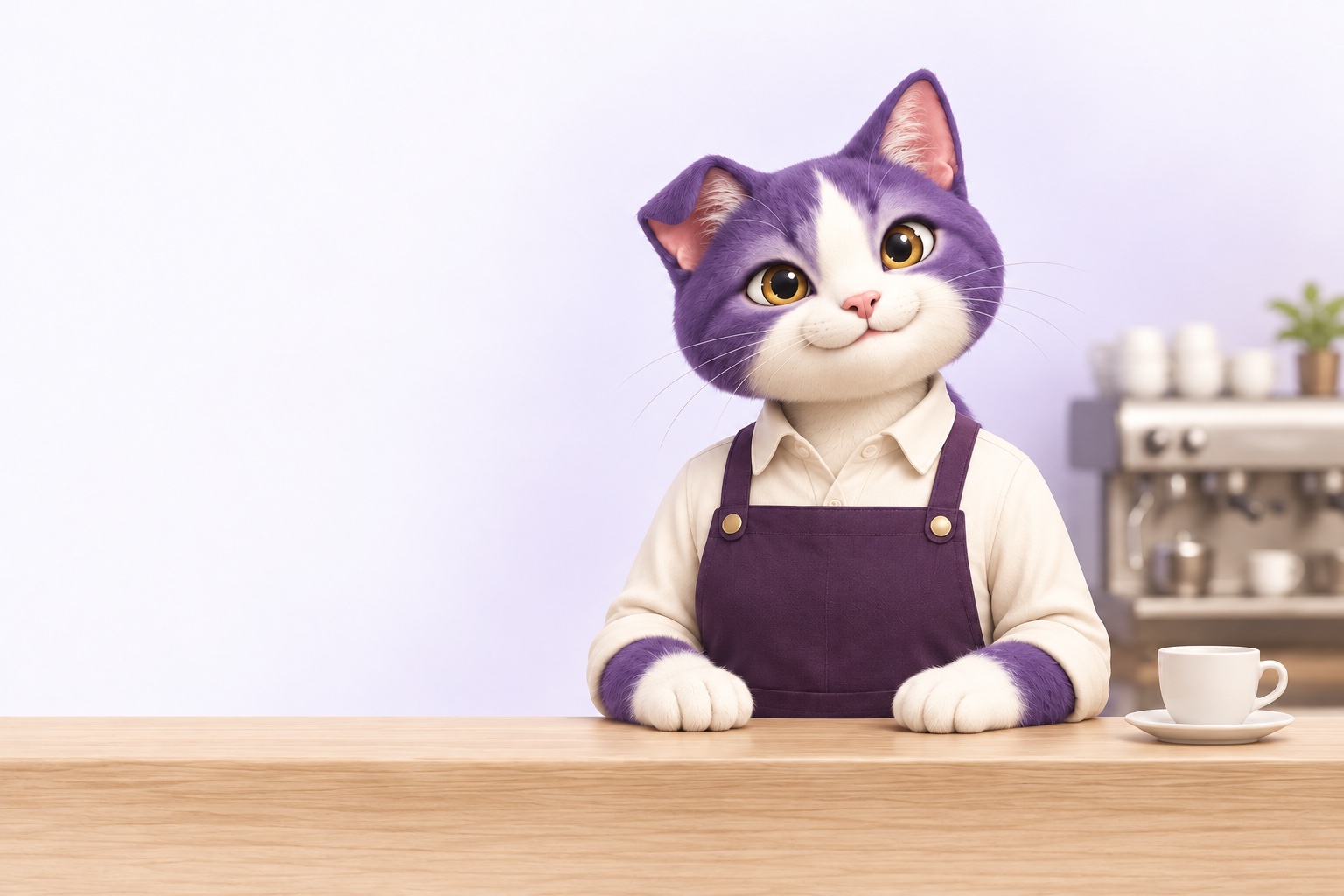JustBack’s purple cat as a café owner, wearing a shirt and apron behind the counter.