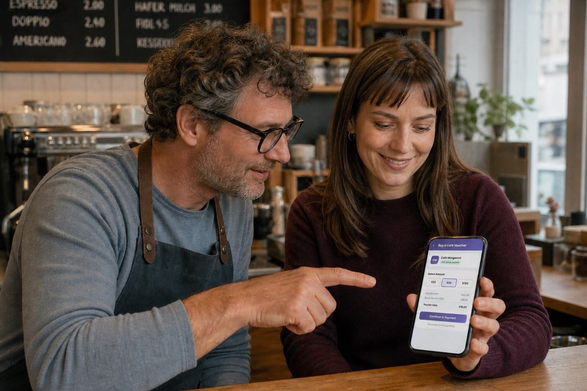 Ein Gast und ein Café-Inhaber besprechen gemeinsam den Kauf eines JustBack Wertgutscheins