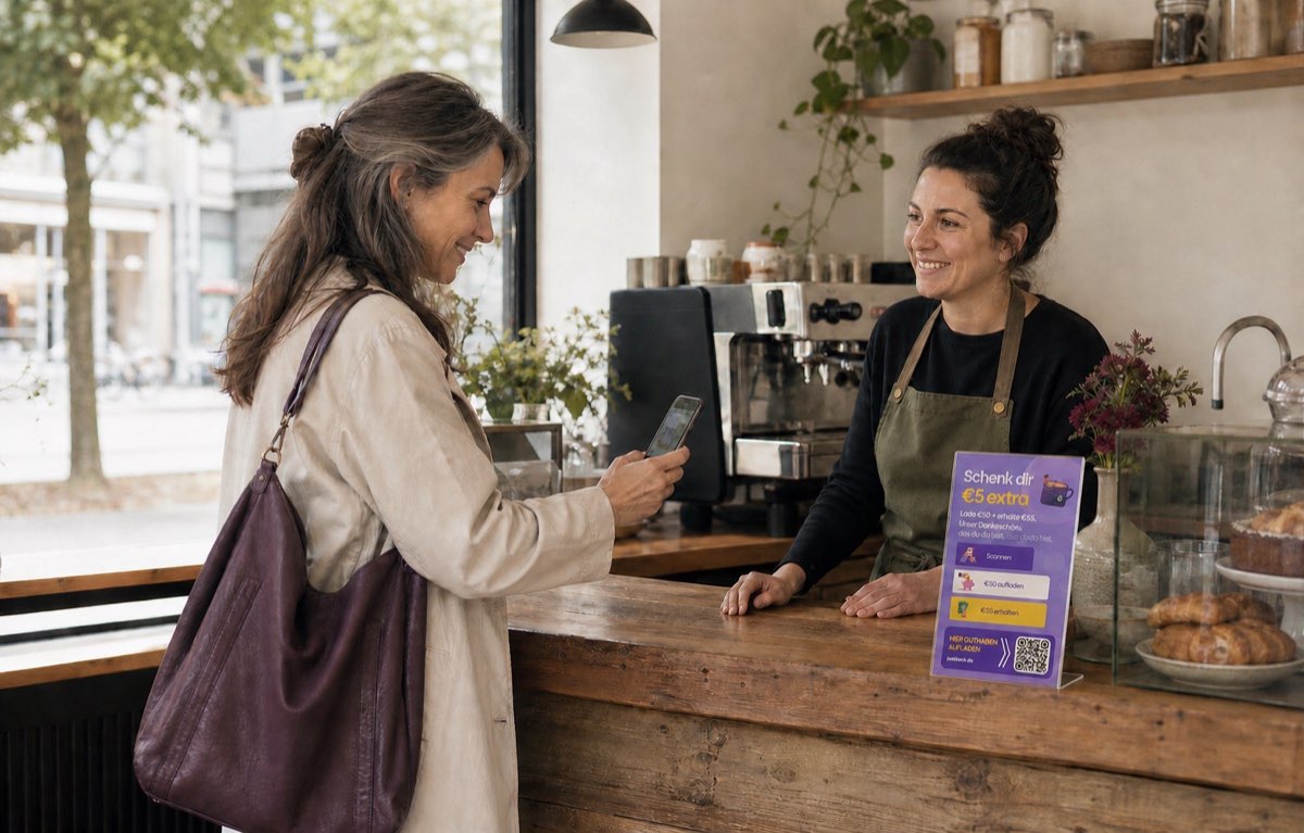 Eine Café-Gästin scannt den JustBack QR-Code am Aufsteller, während die Inhaberin lächelt