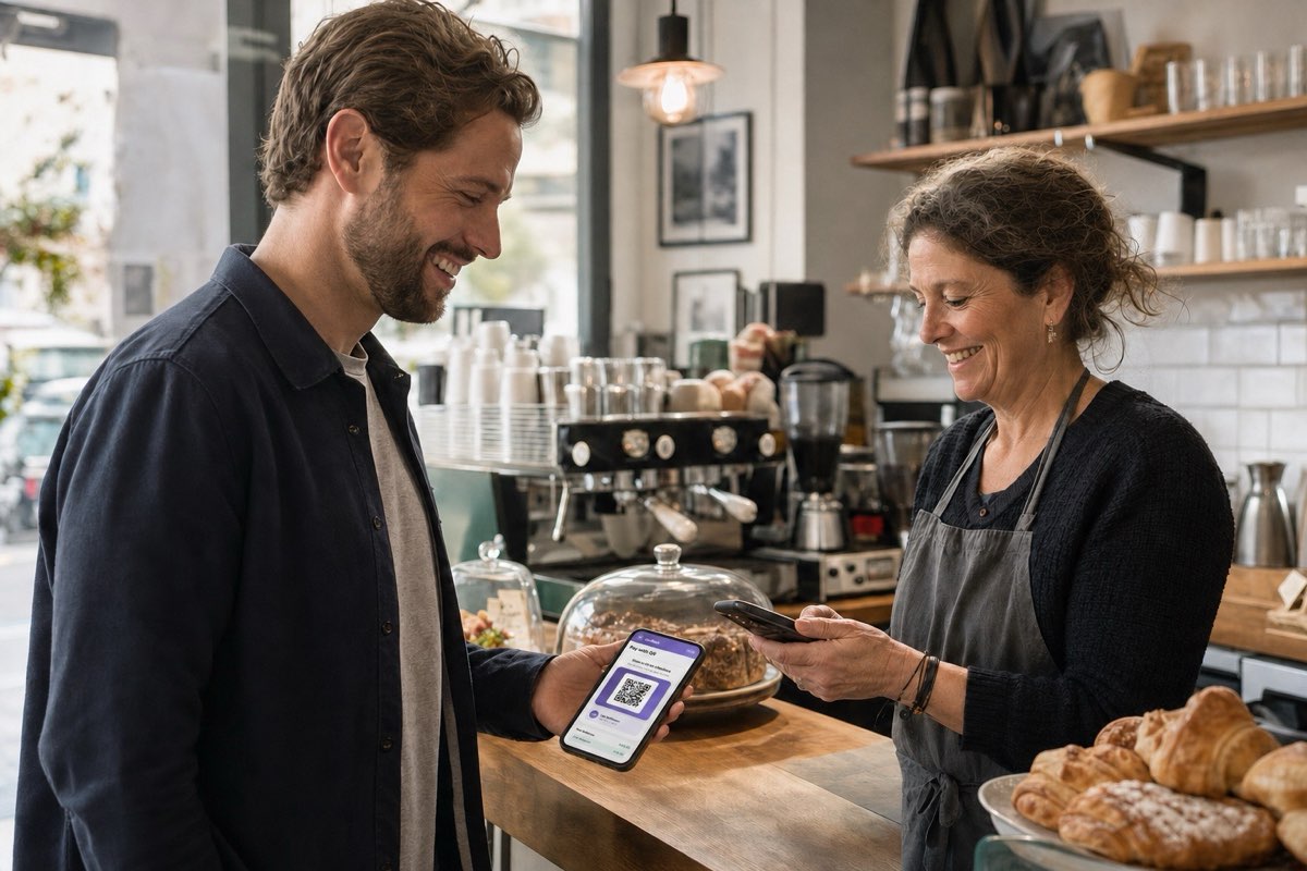 Ein Gast zeigt seinen JustBack QR-Code auf dem Smartphone, die Barista scannt ihn
