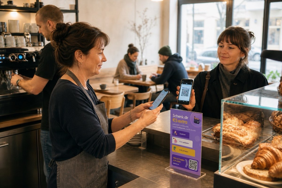 Eine Café-Inhaberin scannt den JustBack-Gutschein eines Gasts neben dem violetten JustBack-Aufsteller